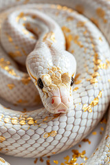 white snake with golden print, white background, soft and festive, golden confetti scattered , new year symbol 2025