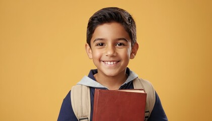 Obraz premium A cheerful hispanic or latino schoolboy with a backpack and book, wearing a sweater, smiles brightly in front of a yellow backdrop, symbolizing enthusiasm for education.