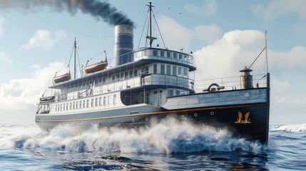 Naklejka premium A large sailing ship with full white sails glides through turquoise ocean waters under a bright blue sky
