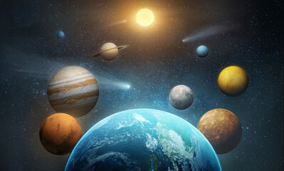 Solar system- Sun, Mercury, Venus, planet Earth, Mars, Jupiter, Saturn, Uranus, Neptune.. Space panorama of the universe. Elements of this image furnished by NASA