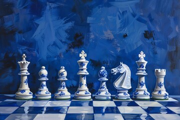 Row of blue and white delftware chess pieces standing on a chessboard with a blue background