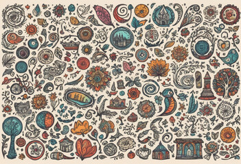  Collection of hand-drawn doodles and icons. 