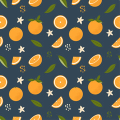 Seamless pattern with oranges, citrus, leaves and flowers. Vector tropical fruit pattern. Oranges blossom. Trendy design for wrapping paper, textile, fabric.