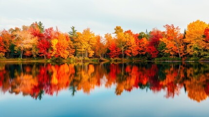 Vibrant autumn landscape with colorful trees reflecting in a serene lake, showcasing nature's beauty in fall.