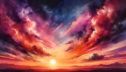 Fototapeta premium Fiery Sunset Over a Serene Landscape