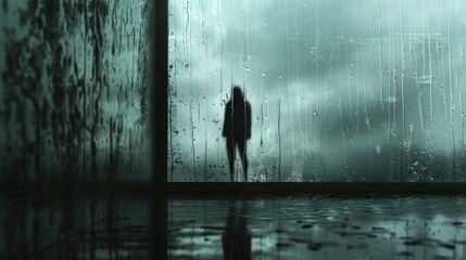 Silhouette of a Lone Figure Standing at a Rain-Soaked Window, Contemplating the Stormy Weather Outside
