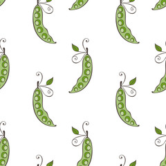 Pattern with branch of green Pea pods doodle , on white background.