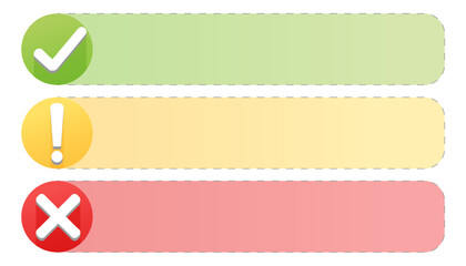 Obraz premium Template for your information, instructions, answer description, cells on white background. Set of flat, round check mark, exclamation point, and X mark icons. 