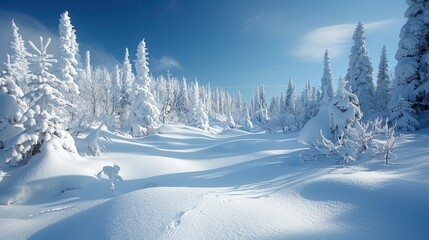 Obraz premium Breathtaking Snowy Landscape with Frosted Trees in the Winter Wonderland