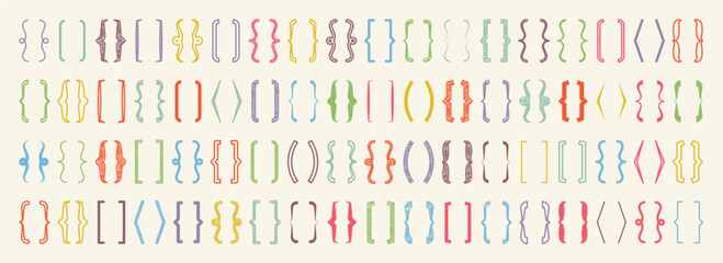Shaded text brackets, colorful quotation box. Curly, square and corner parentheses. Vintage typographical symbol, calligraphic quote frame. Doodle, lettering element. Vector illustration