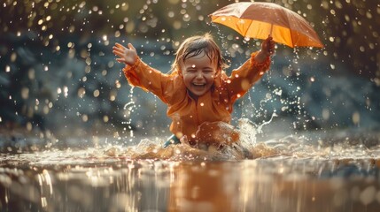 Obraz premium Joyful Child Playing in the Rain with Orange Umbrella, Splashing in Puddle, and Enjoying a Fun Outdoor Adventure