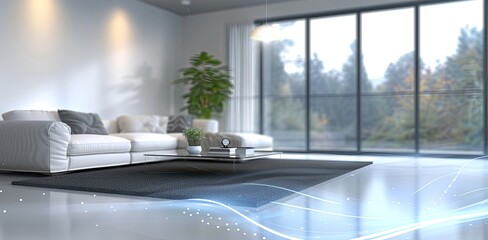 A blue wave of clean air flows over a white couch in a living room with bright, natural light