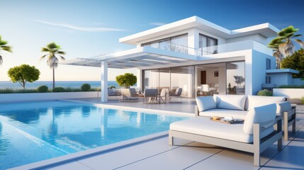 Fototapeta premium Luxurious private villa mansion with modern pool design in meticulously landscaped gardens