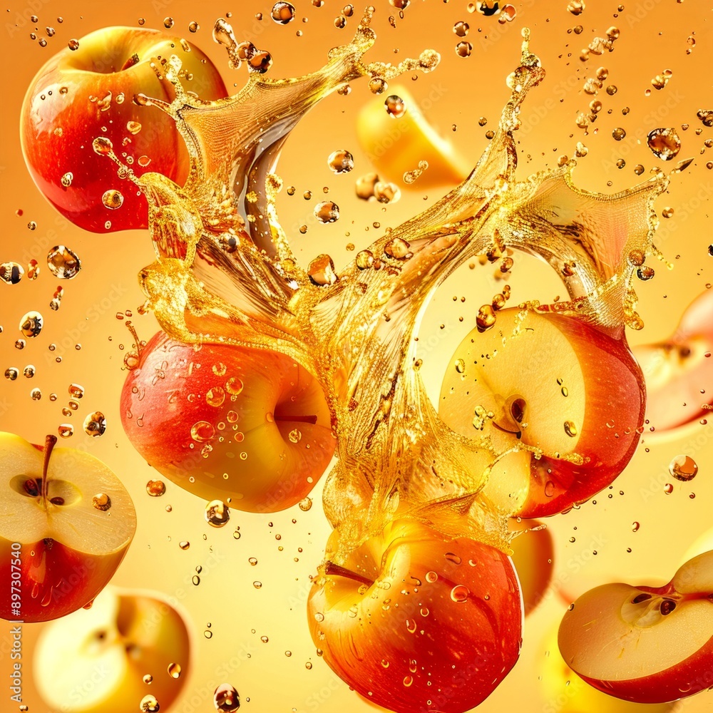 Poster Vibrant Splashing Apples Captured in Mid-Air. Colorful fresh apples with water splash against a bright background. Dynamic, vivid still life image perfect for food and beverage themes. AI