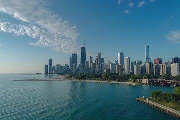 Chicago skyline stretching along the coastline of lake michigan