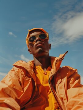 A streetwear fashion campaign of a black male diverse non-binary model wearing a orange jacket, hat and sunglasses, sky background, low angle, generative ai