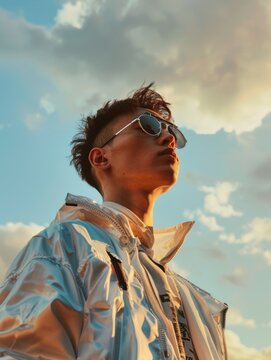 A cool male diverse non-binary asian model wearing a white jacket and sunglasses for a fashion streetwear campaign, , sky background, generative ai