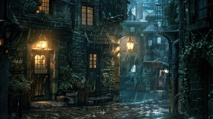 Charming Narrow Alleyway in an Old Town at Night with Warm Lantern Light and Cobblestone Path