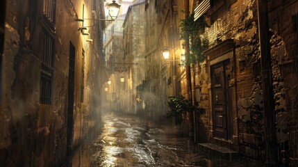 Fototapeta premium Atmospheric Narrow Alleyway in an Old Town with Warm Streetlights and Wet Cobblestone Path