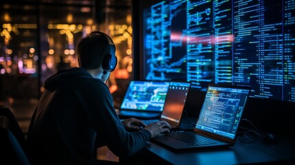 Software developer typing programming code on computer screen for project development