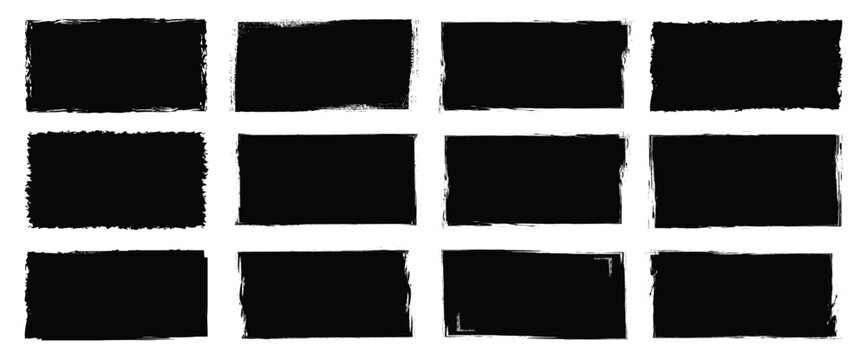 Set of rectangular grunge template backgrounds. Black square shapes with ripped jagged borders on white background. Vintage grunge boxes for collage, text, banner, sticker design.