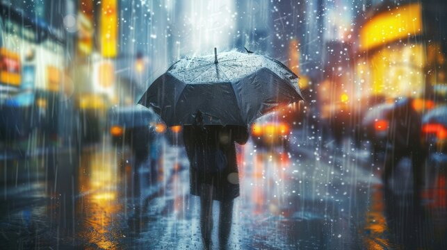 Person Walking Under an Umbrella on a Rainy Night in the City with Bright Lights and Reflections