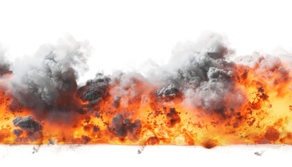 A digital depiction of an explosion with thick black smoke rising above a bed of orange flames against a white background