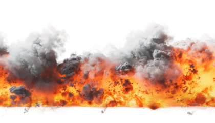 A digital depiction of an explosion with thick black smoke rising above a bed of orange flames against a white background