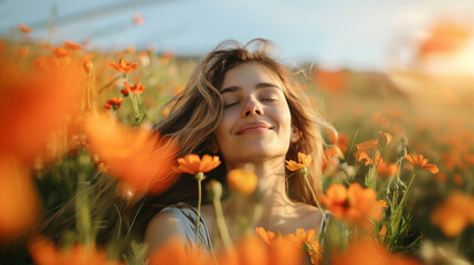 Naklejka premium Brazilian woman sits in a field with blooming flowers. Mental health and mindfulness concept.