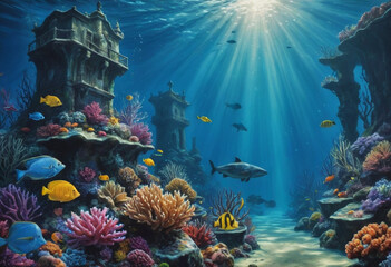 Fototapeta premium Digital painting of an underwater scene. 