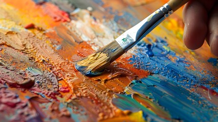 Fototapeta premium Hand Holding a Paintbrush: A hand holding a paintbrush dipped in colorful paint, ready to create art. 