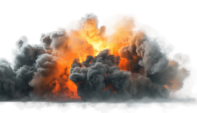 A dramatic explosion billows forth, a fiery orange core enveloped by swirling black smoke