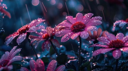 Vibrant Rain-Soaked Flowers with Dew Drops in a Lush Garden During a Gentle Rainfall at Dusk