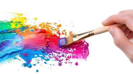 Fototapeta premium Hand Holding a Paintbrush: A hand holding a paintbrush dipped in colorful paint, ready to create art. 