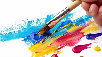 Fototapeta premium Hand Holding a Paintbrush: A hand holding a paintbrush dipped in colorful paint, ready to create art. 
