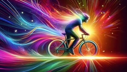 Fototapeta premium person riding a bike with a colorful power in the rainbow background