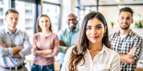 Confident Businesswoman Leading Her Team. A confident businesswoman stands with her arms crossed, radiating leadership and success. 