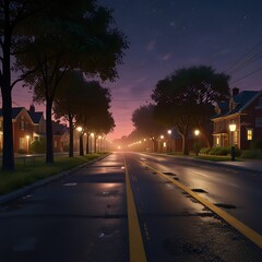 Create an image of a serene nighttime scene on a deserted, dimly lit road, illuminated only by the soft glow of distant streetlights