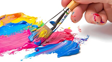 Obraz premium Hand Holding a Paintbrush: A hand holding a paintbrush dipped in colorful paint, ready to create art. 