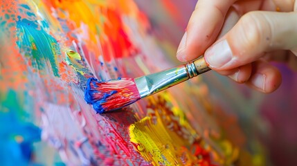 Fototapeta premium Hand Holding a Paintbrush: A hand holding a paintbrush dipped in colorful paint, ready to create art. 