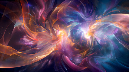 A surreal digital art piece showcasing a vortex of ethereal light trails merging in a cosmic dreamscape  The background features a dark starry sky with swirling nebulae
