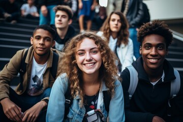 A diverse group of university students sit on the steps outside a building, smiling for the camera