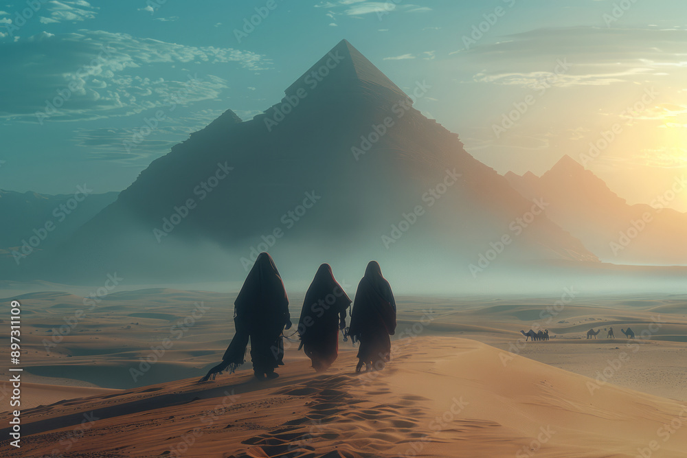 Canvas Prints Minimalist scene of people walking through a desert with camels in the distance