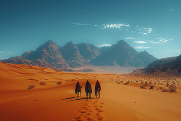 Fototapeta premium Minimalist scene of people walking through a desert with camels in the distance