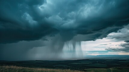 Dramatic Stormy Sky with Dark Clouds and Rain Over Rolling Hills and Countryside Landscape