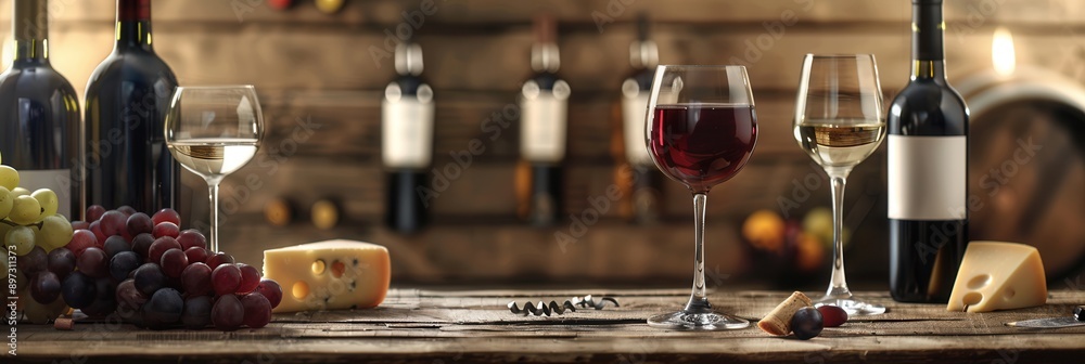 Poster a rustic wooden table with two wine glasses, bottles of wine, grapes, and blocks of cheese. generati