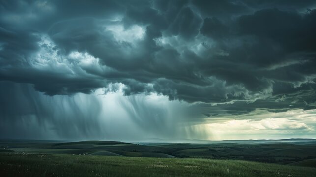 Dramatic Stormy Sky Over Rolling Hills with Dark Clouds and Rainfall Captured in Stunning Landscape Photography