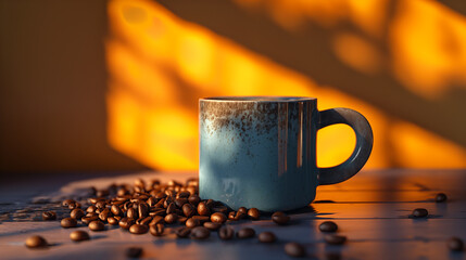 A white coffee mug with coffee and coffee beans on a yellow counter