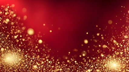 Red liquid with tints of golden glitters. Red background with a scattering of gold sparkles. Magic Galaxy of golden dust particles in red fluid with burgundy tints
