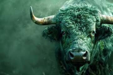 Naklejka premium Green Bull with Horns, Mystic Animal Close-Up